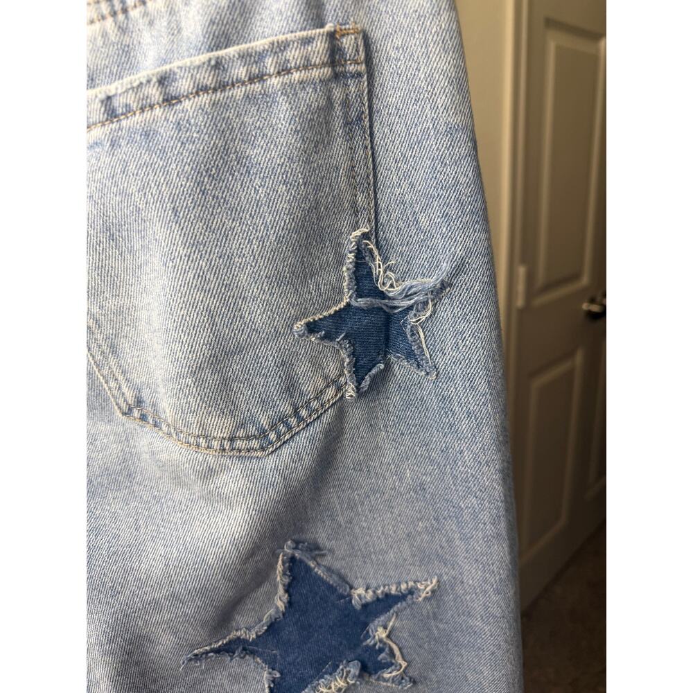 high-rise straight leg jeans with denim star patches distressed light wash. - Picture 6 of 6